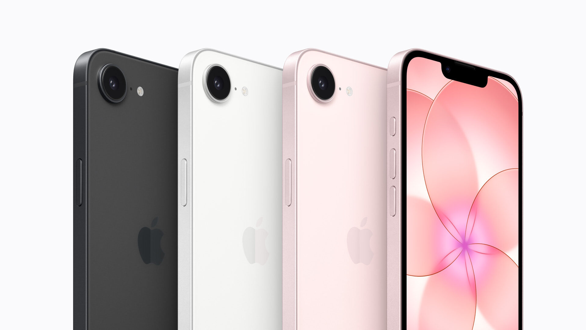 iPhone 17e lineup showing three color variants black white and soft pink with A19 chip and MagSafe technology