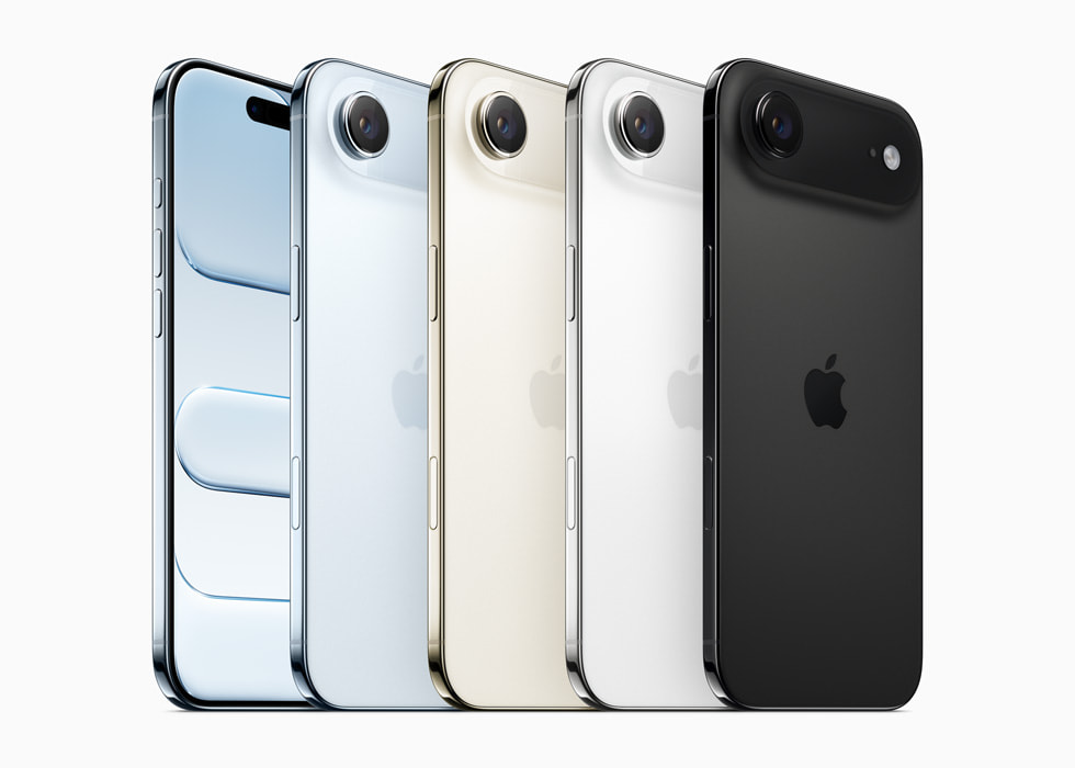 iPhone Air colour lineup showing Space Black, Cloud White, Light Gold, and Sky Blue variants — Apple's thinnest iPhone at 5.6mm, announced September 9, 2025