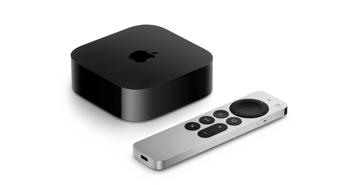 Apple TV 4K 3rd generation product shot on a dark background showing the compact black set-top box alongside the Siri Remote