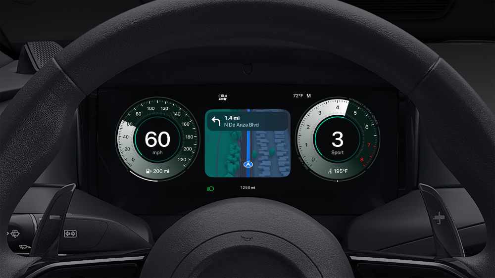 CarPlay Ultra instrument cluster screen in an Aston Martin displaying Apple Maps navigation with real-time route data, speed, and turn-by-turn directions