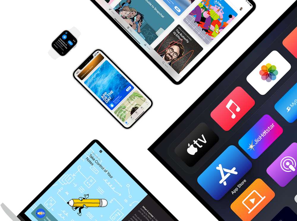 App Store interface displayed across multiple Apple devices including iPhone, iPad, and Mac, showing app browsing and discovery screens