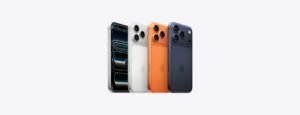iPhone 17 Pro color lineup showing Silver, Deep Blue, and Cosmic Orange anodized aluminum finish options displayed side by side on the Apple India online store