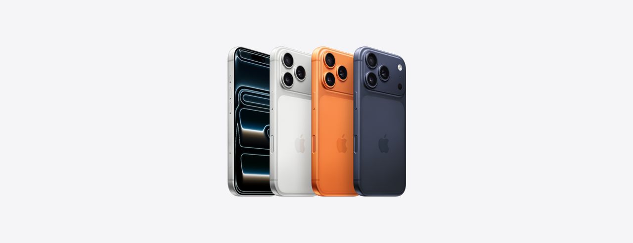 iPhone 17 Pro color lineup showing Silver, Deep Blue, and Cosmic Orange anodized aluminum finish options displayed side by side on the Apple India online store