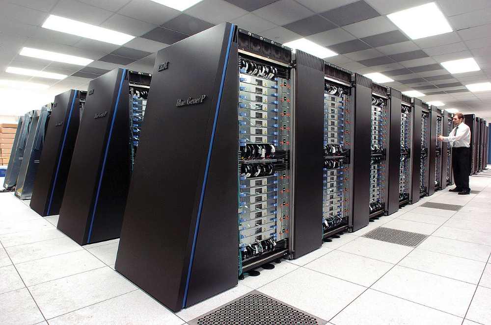 IBM Blue Gene P supercomputer server racks at Argonne National Laboratory used for large-scale scientific and defense research computing