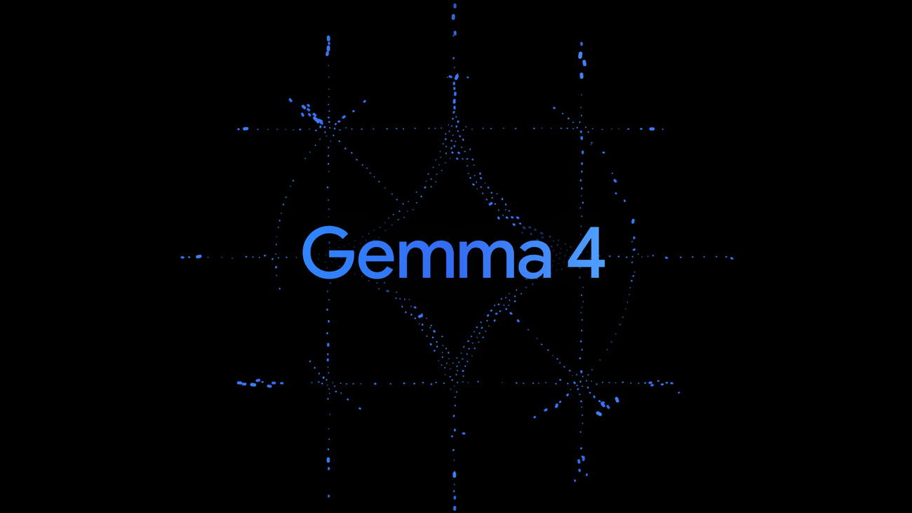 Google Gemma 4 open AI model family dark branded graphic showing the Gemma 4 logo on a dark background released April 2026