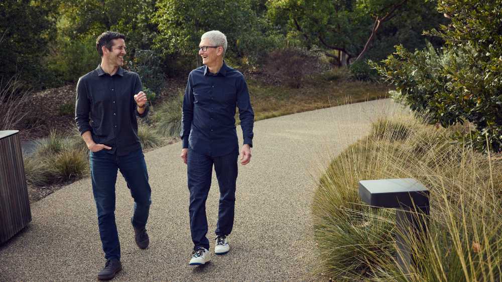 Tim Cook and John Ternus photographed together at Apple Park in Cupertino, California, following the announcement of the Apple CEO transition on April 20, 2026