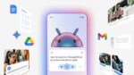 Android interface showing Gemini AI integration across Google's ecosystem including phones watches and Googlebooks