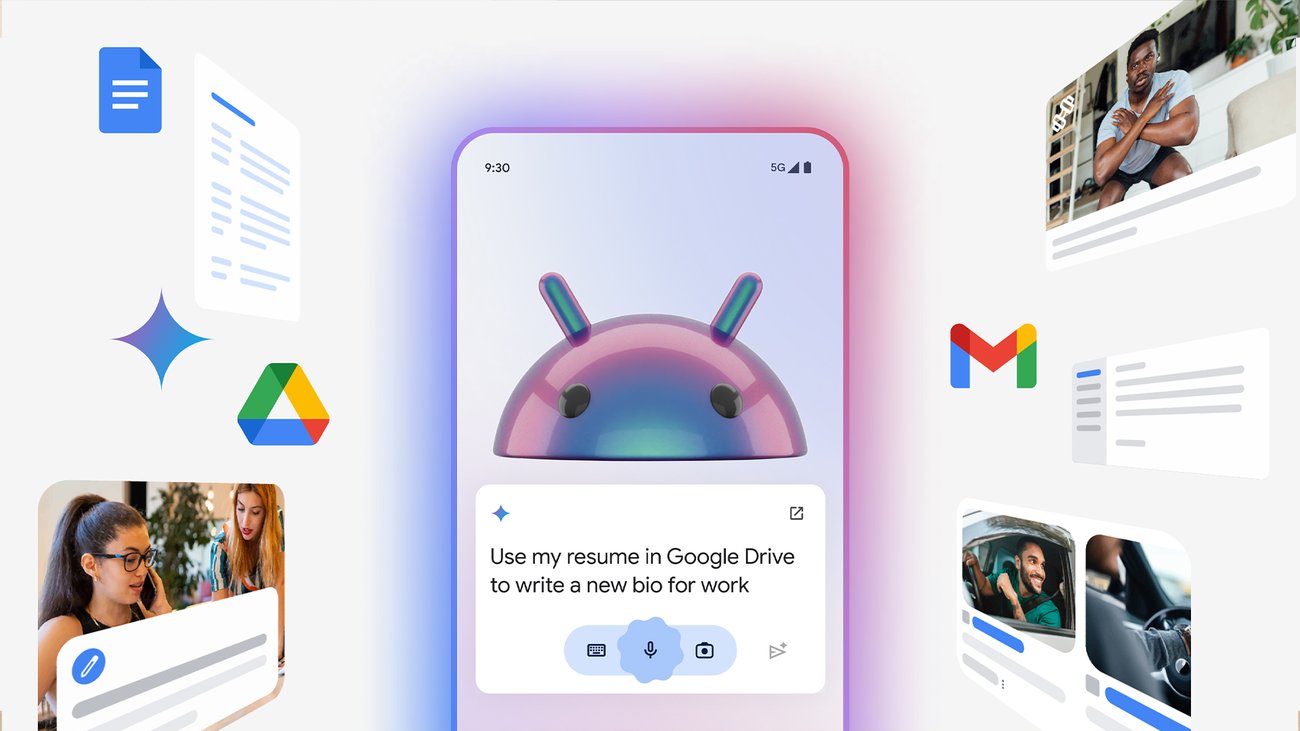 Android interface showing Gemini AI integration across Google's ecosystem including phones watches and Googlebooks