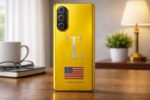 Gold-coloured Trump Mobile T1 smartphone render displaying the T1 branding and American flag design on the rear panel as shown in promotional materials at launch