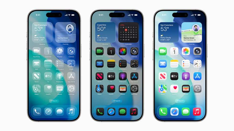 iPhone Home Screen showing iOS 26 Liquid Glass design with translucent app icons widgets and Dock displayed against a colourful wallpaper