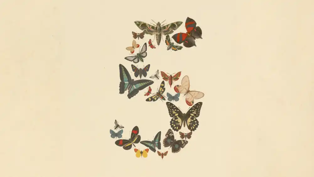 Abstract number five formed by clusters of butterfly silhouettes on a dark background, from Anthropic's Claude Fable 5 and Mythos 5 launch announcement