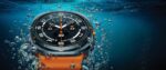 A Samsung Galaxy Watch Ultra in a titanium gray finish on a dark background with a digital interface display.