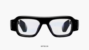 Snap Specs augmented reality glasses in 52mm frame displayed against dark background showing front view of electrochromic lenses and Swiss TR90 polymer frame design