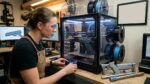 A person in safety glasses and a canvas apron closely examines a 3D printer actively printing a handgun-shaped object inside an enclosed print chamber, with multiple completed 3D-printed gun components and blue filament spools visible on the workshop bench beside the machine