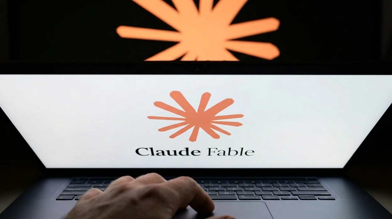 Claude Fable logo displayed on a laptop screen with a person's hand resting on the keyboard and a larger projection of the Anthropic logo visible in the background