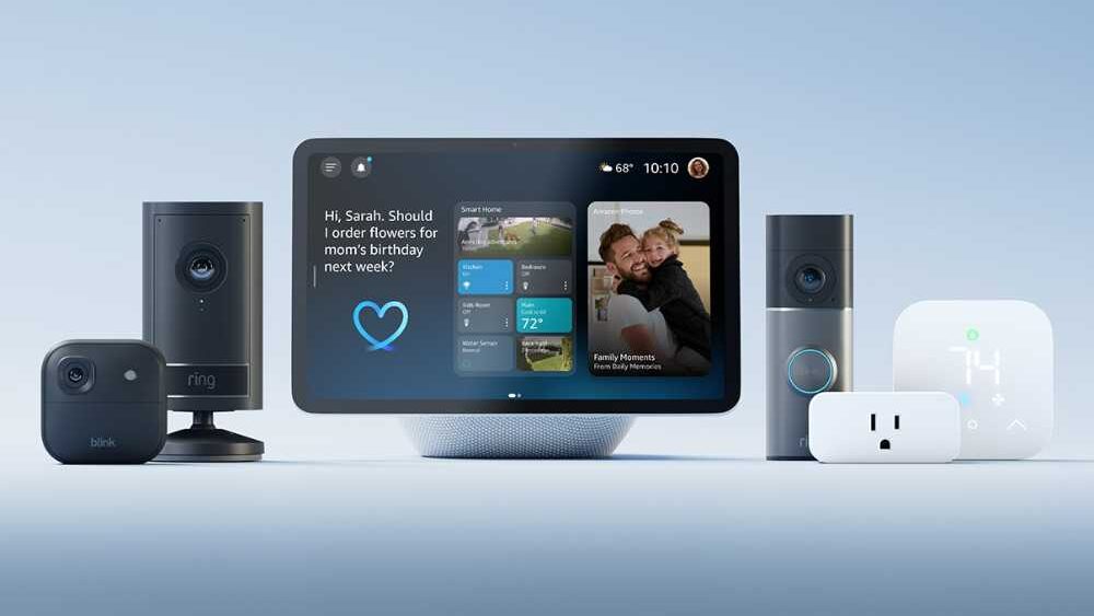 Amazon Echo Show 8 smart display with a colorful smart home interface on screen, sitting on a wooden table in a modern living room setting