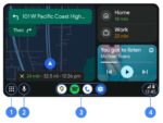 Android Auto interface showing app launcher, recent apps, and status bar on a car infotainment screen