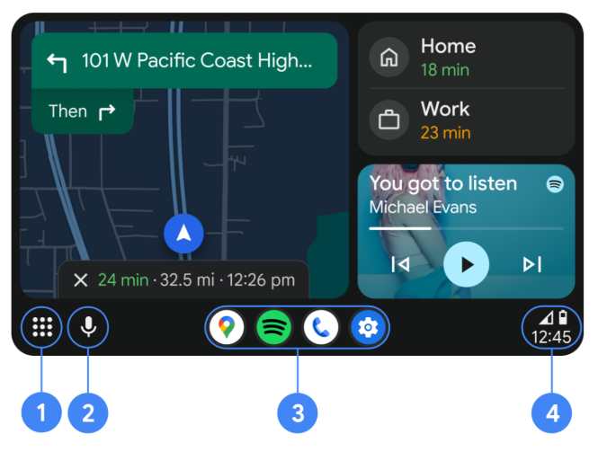 Android Auto interface showing app launcher, recent apps, and status bar on a car infotainment screen