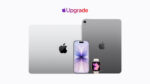 Apple Upgrade hero image showcasing iPhone, Apple Watch, iPad, and Mac devices arranged on a table, with the Apple Upgrade logo and tagline overlaying the scene.