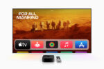 A sleek, black Apple TV 4K set-top box sits on a reflective surface, with the Siri Remote placed next to it. The device's compact design and glossy finish are highlighted against a dark background.