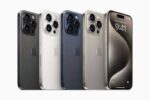 iPhone 15 Pro and iPhone 15 Pro Max in four titanium finishes: black, white, blue, and natural, displayed against a dark background.