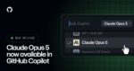 GitHub Copilot interface showing Claude Opus 5 available as a model selection option alongside other AI models, illustrating the expanded choice for developers