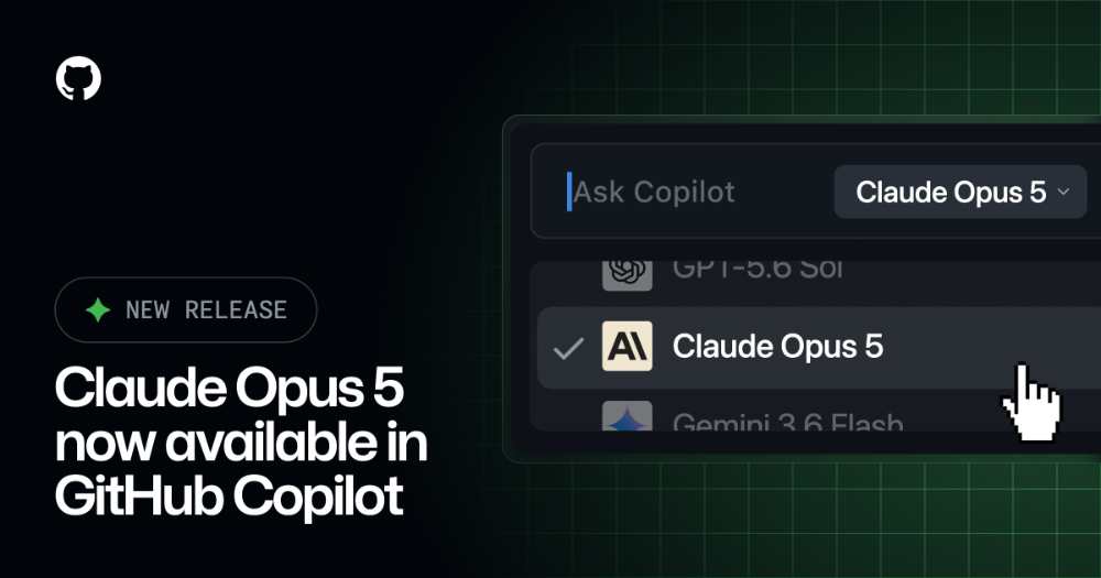 GitHub Copilot interface showing Claude Opus 5 available as a model selection option alongside other AI models, illustrating the expanded choice for developers