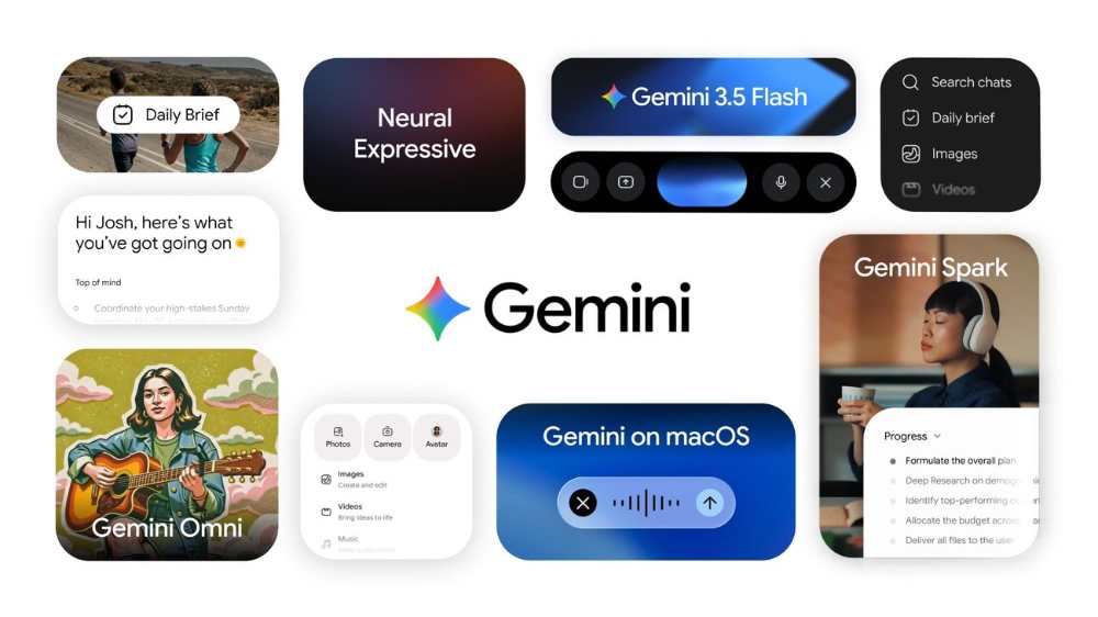 Google Gemini app promotional hero image showing the Gemini interface on a mobile device with AI-powered writing and idea generation features