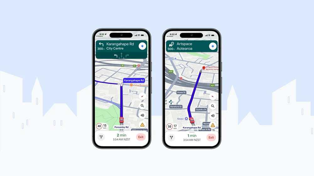 Google Maps immersive 3D navigation view on a car dashboard showing buildings, terrain, and overpasses in realistic detail.