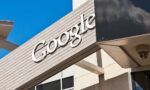 Google logo displayed at the company headquarters in Mountain View, California, with colorful letters against a white background.