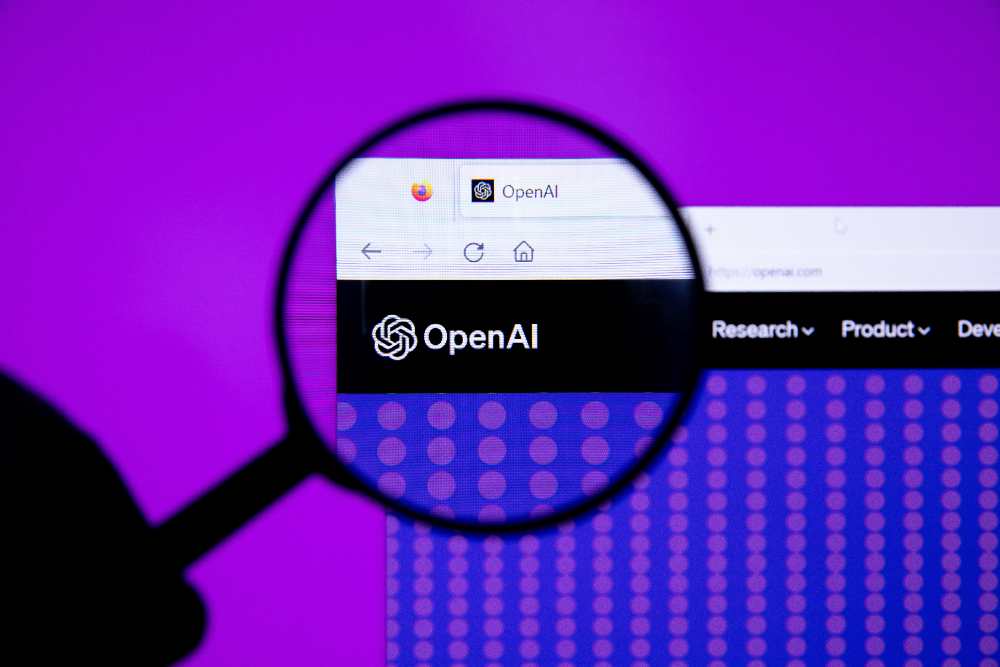 OpenAI logo with a magnifying glass symbolizing increased scrutiny and investigation into the company's AI safety practices.
