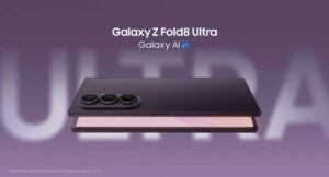 Samsung Galaxy Z Fold 8 Ultra unfolded, displaying its 8.0-inch QXGA+ Dynamic AMOLED 2X main screen in a promotional render, showcasing the device's slim bezels and foldable design.