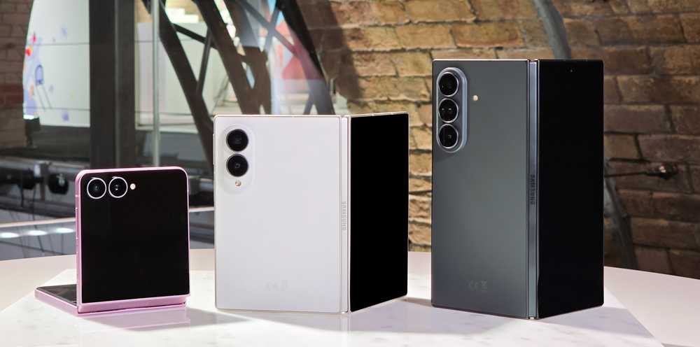 Samsung Galaxy Z Fold 8, Galaxy Z Fold 8 Ultra, and Galaxy Z Flip 8 displayed together at Galaxy Unpacked July 2026 in London.