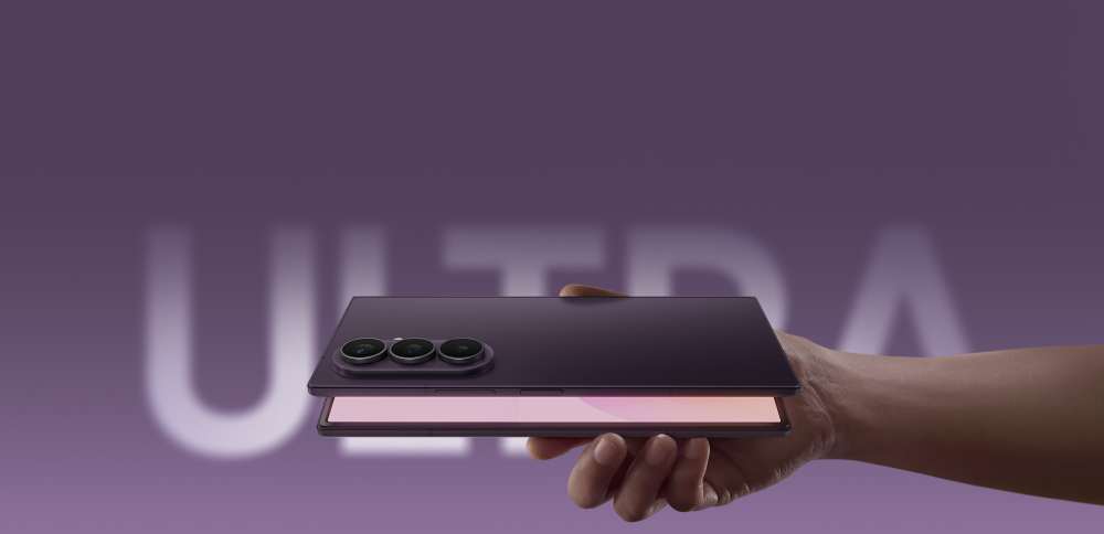 Samsung Galaxy Z Fold 8 Ultra smartphone shown unfolded, displaying its large 8-inch main screen and rear camera module