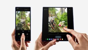 Samsung Galaxy Z Fold 7 unfolded displaying its inner screen, shown at Galaxy Unpacked July 2025 in Brooklyn