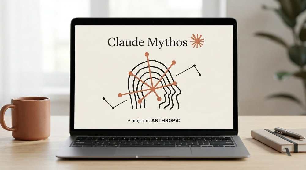 Laptop screen displaying the Claude Mythos logo and Anthropic branding on a wooden desk with a coffee mug and notebook