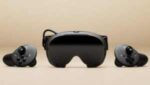 Text: Steam Frame VR headset front view showing dual cameras and sleek dark design