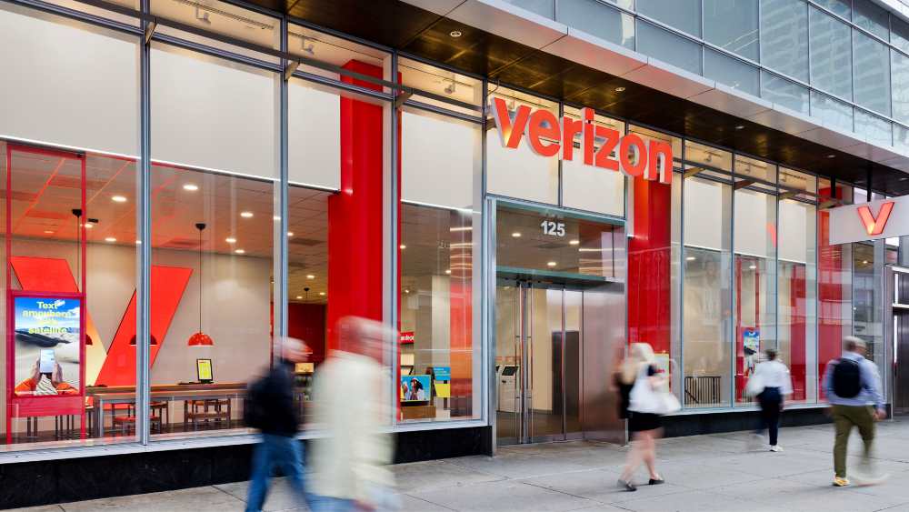 Verizon logo and branding materials representing the company's consumer group division License: (Verizon Media Resources Terms of Use)